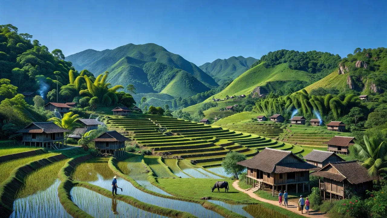 Khung cảnh tươi đẹp của xã Tinh Nhuệ, huyện Thanh Sơn với núi non và nhà truyền thống.