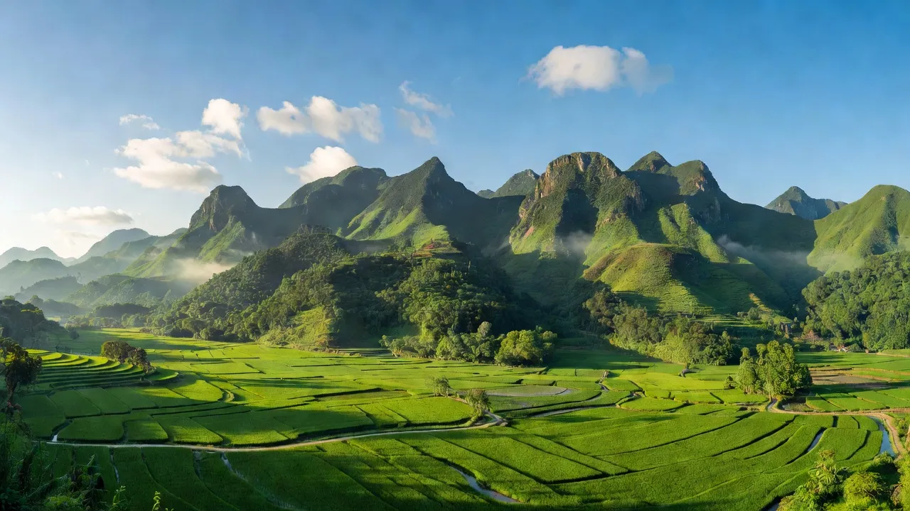 Xã Văn Miếu, huyện Thanh Sơn, tỉnh Phú Thọ với cảnh sắc thiên nhiên tươi đẹp, núi non và đồng ruộng.