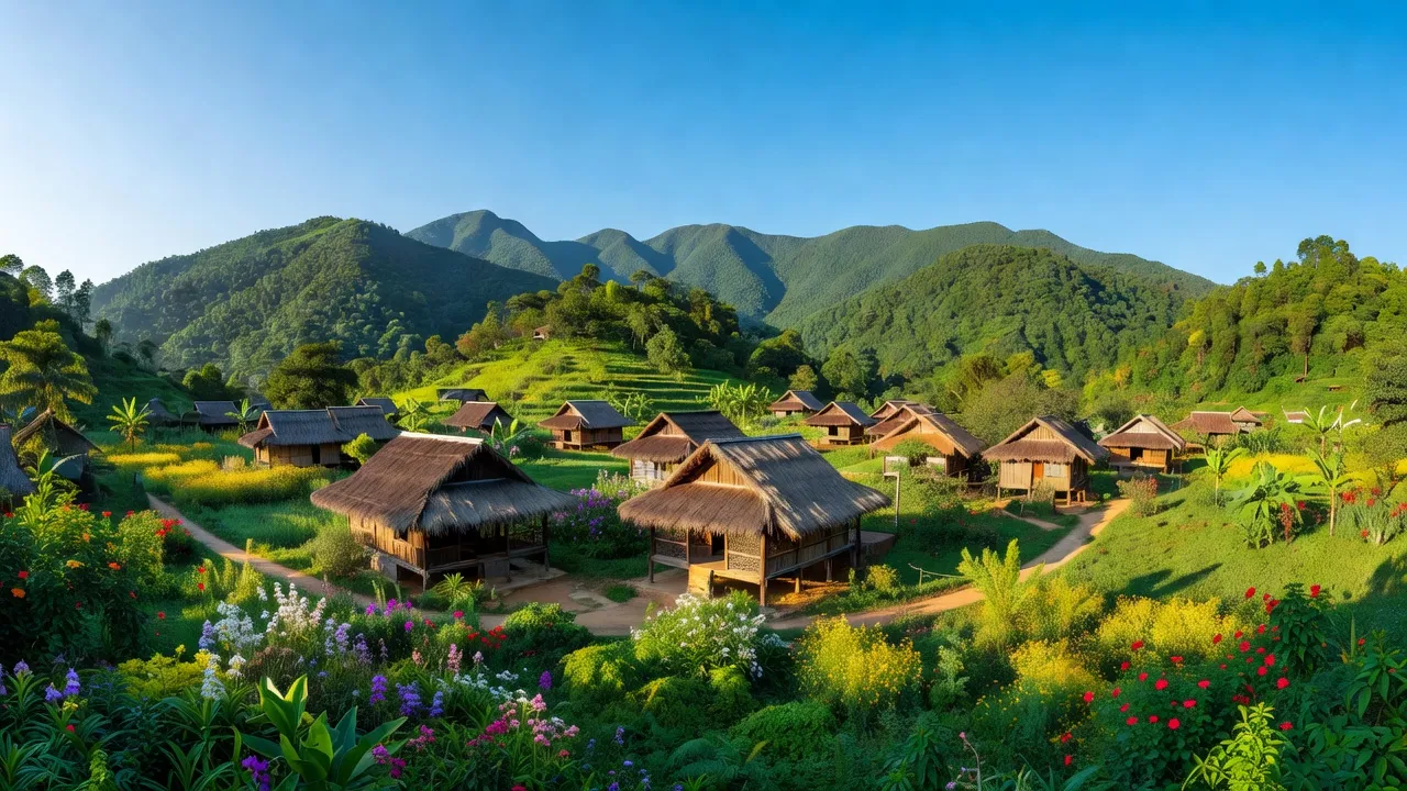 Khung cảnh xã Võ Miếu, huyện Thanh Sơn, tỉnh Phú Thọ, với núi xanh và nhà truyền thống Mường.