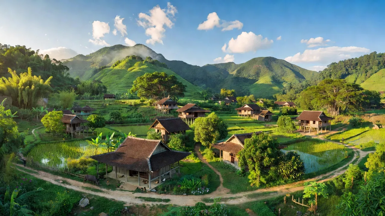 Cảnh đẹp xã Yên Lãng, Huyện Thanh Sơn, Tỉnh Phú Thọ với núi xanh và nhà truyền thống.