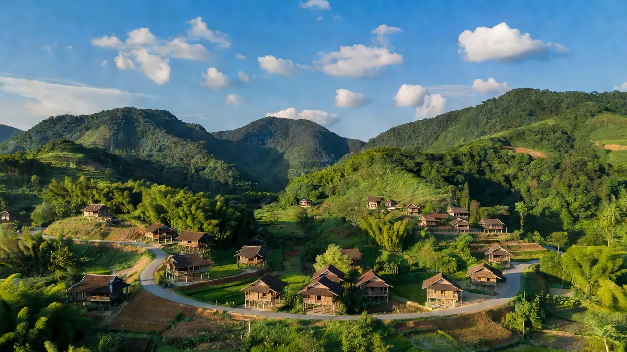 Khung cảnh xã Yên Lãng, huyện Thanh Sơn, tỉnh Phú Thọ với núi non xanh tươi và nhà truyền thống.