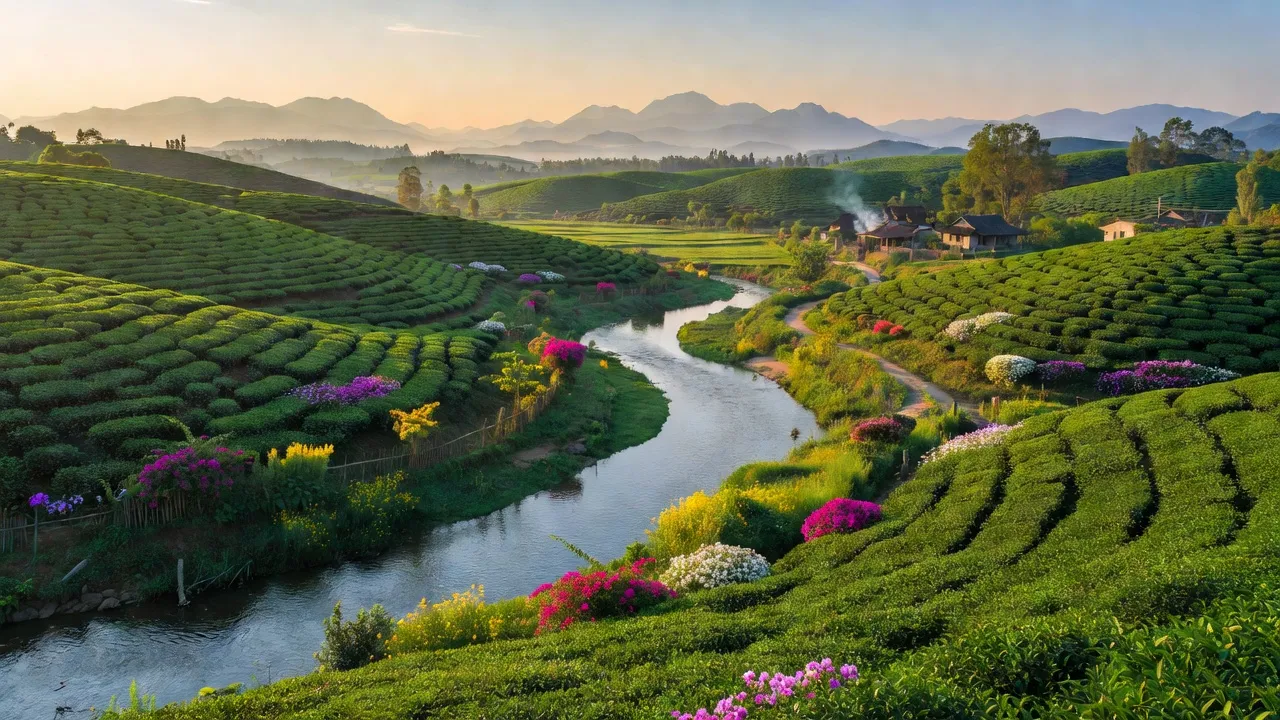 Cảnh quan huyện Thanh Thủy, Phú Thọ với đồi chè xanh tươi và dòng sông, tiềm năng du lịch tự nhiên.