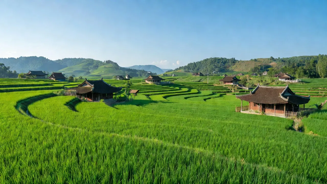 Cảnh đẹp tại xã Bảo Yên, huyện Thanh Thủy, tỉnh Phú Thọ với cánh đồng xanh tươi.