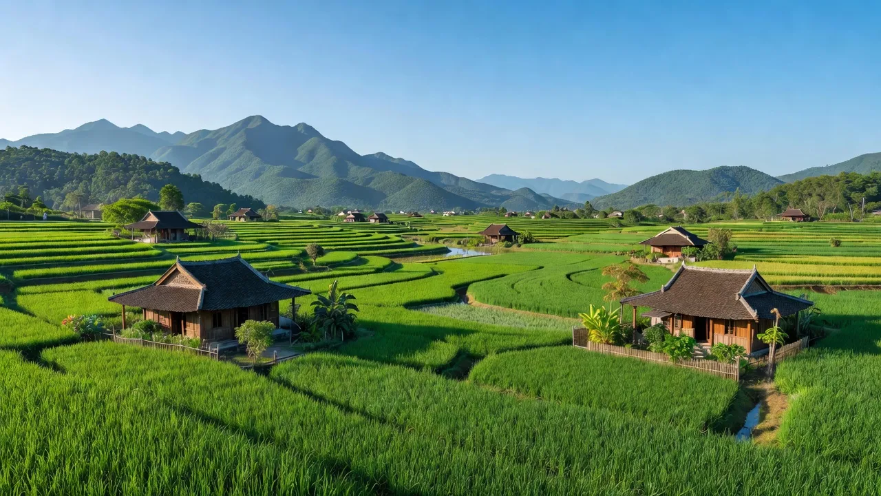 Cảnh quan quê hương xã Bảo Yên, huyện Thanh Thủy, tỉnh Phú Thọ với cánh đồng xanh mướt.