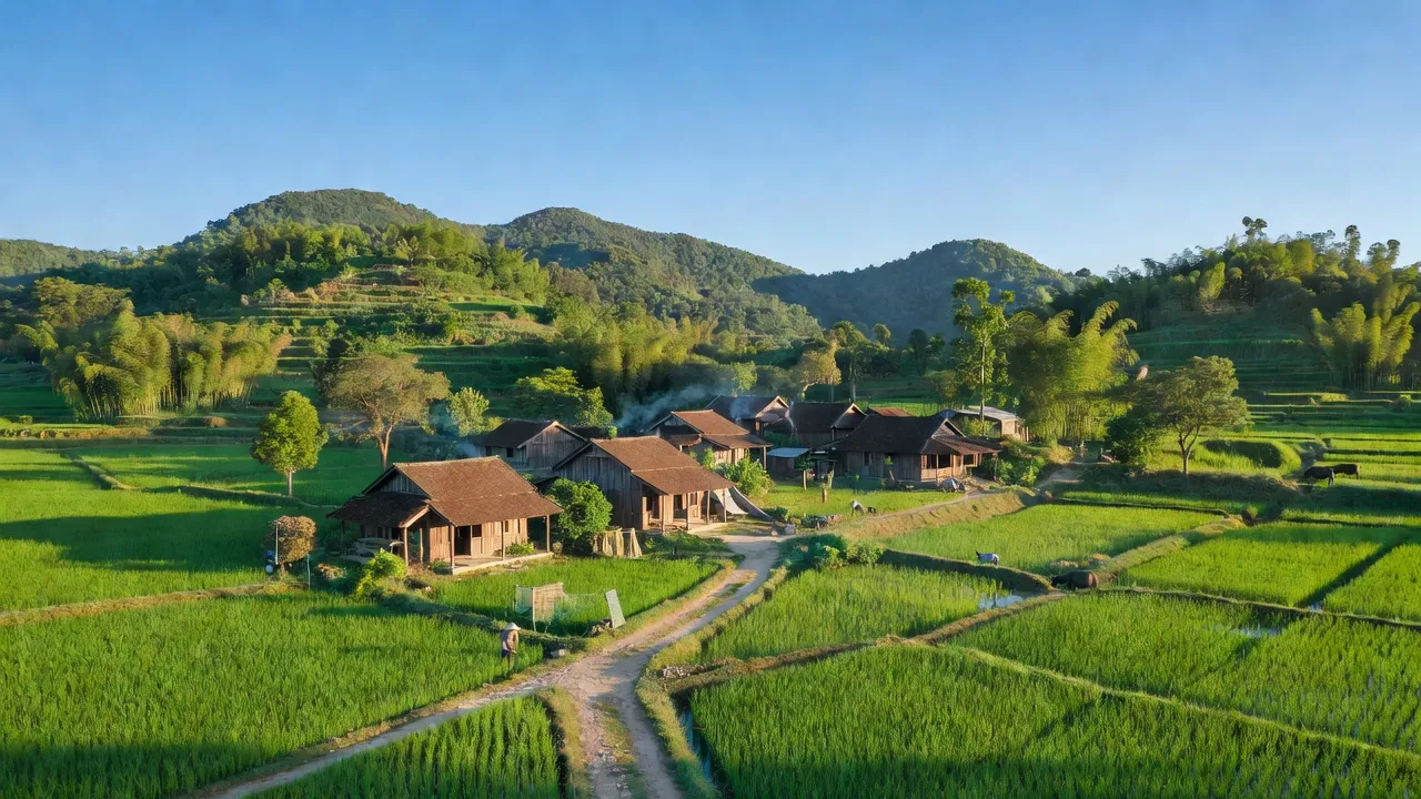Cảnh quan yên bình của Xã Đào Xá, Huyện Thanh Thủy, Tỉnh Phú Thọ với núi xanh và nhà truyền thống.