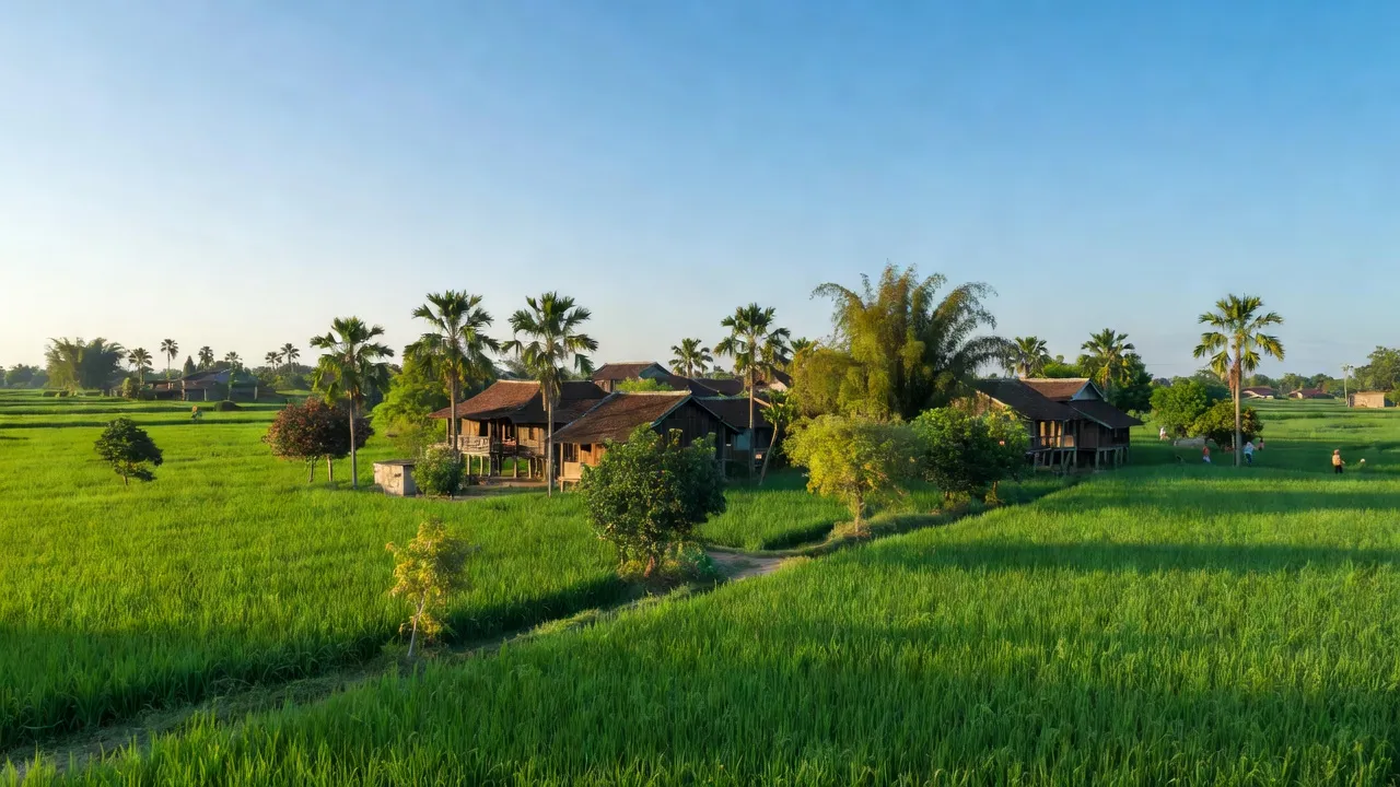 Cảnh đồng quê xã Đoan Hạ, huyện Thanh Thủy, tỉnh Phú Thọ với cánh đồng xanh tươi và nhà dân.