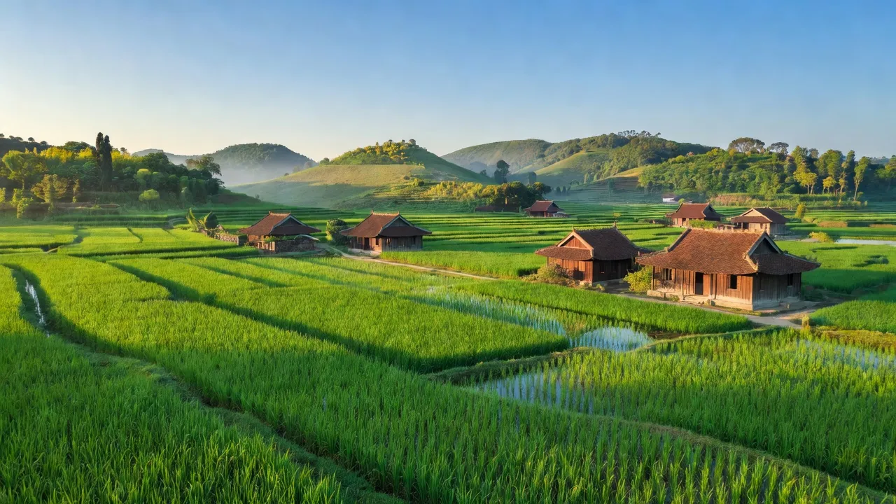 Cảnh đồng xanh Xã Đoan Hạ, huyện Thanh Thủy, tỉnh Phú Thọ với ruộng lúa và nhà truyền thống.