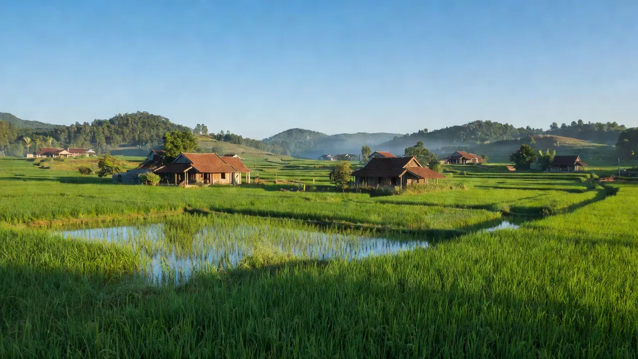 Cảnh đẹp xã Đồng Trung, huyện Thanh Thủy, tỉnh Phú Thọ với cánh đồng xanh và nhà truyền thống.