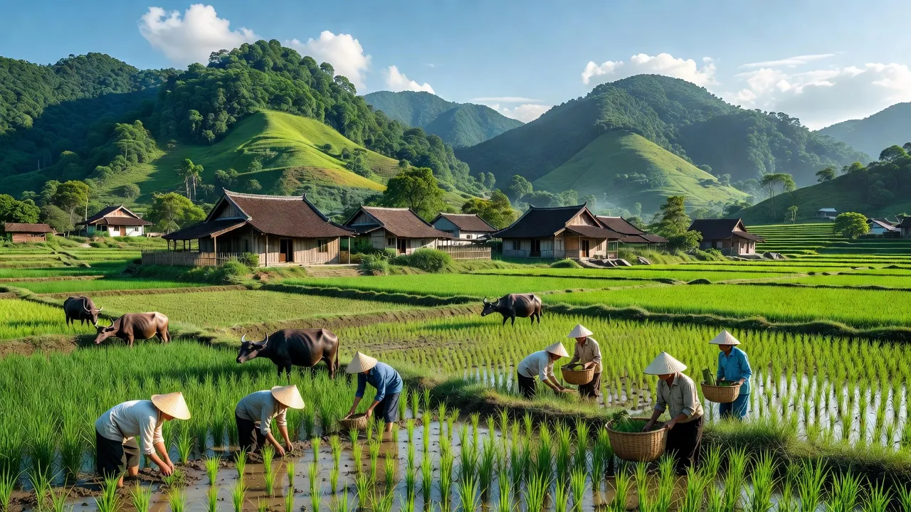 Khung cảnh đẹp của xã Hoàng Xá, huyện Thanh Thủy, tỉnh Phú Thọ với núi xanh và người dân làm nông.