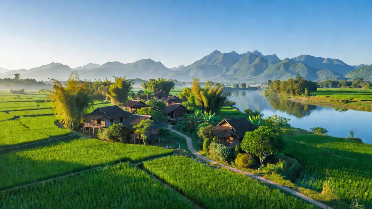 Khung cảnh yên bình của xã Sơn Thủy, huyện Thanh Thủy, Phú Thọ với sông Đà và núi Tản.
