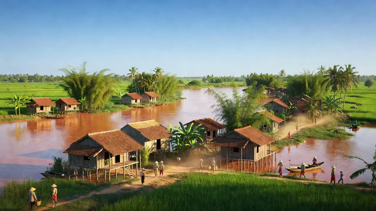 Khung cảnh xã Thạch Đồng, huyện Thanh Thuỷ, Phú Thọ bên sông Hồng, nhà truyền thống và cây xanh.