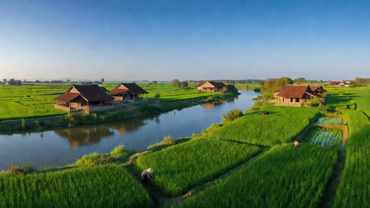 Khung cảnh yên bình ở Xã Thạch Đồng, Huyện Thanh Thuỷ, với dòng sông Hồng và hoạt động nông nghiệp.