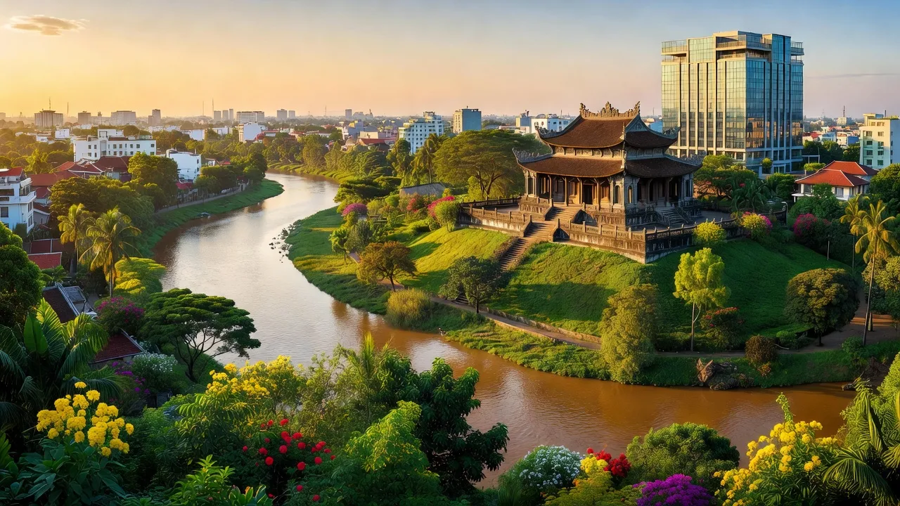 Thành phố Việt Trì, Phú Thọ với đền Hùng và dòng sông Hồng, nổi bật vẻ đẹp văn hóa và thiên nhiên.