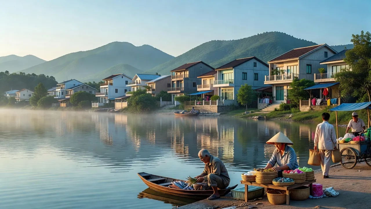 Khung cảnh Phường Bạch Hạc, Việt Trì với sông, nhà hiện đại và người dân địa phương đang hoạt động.