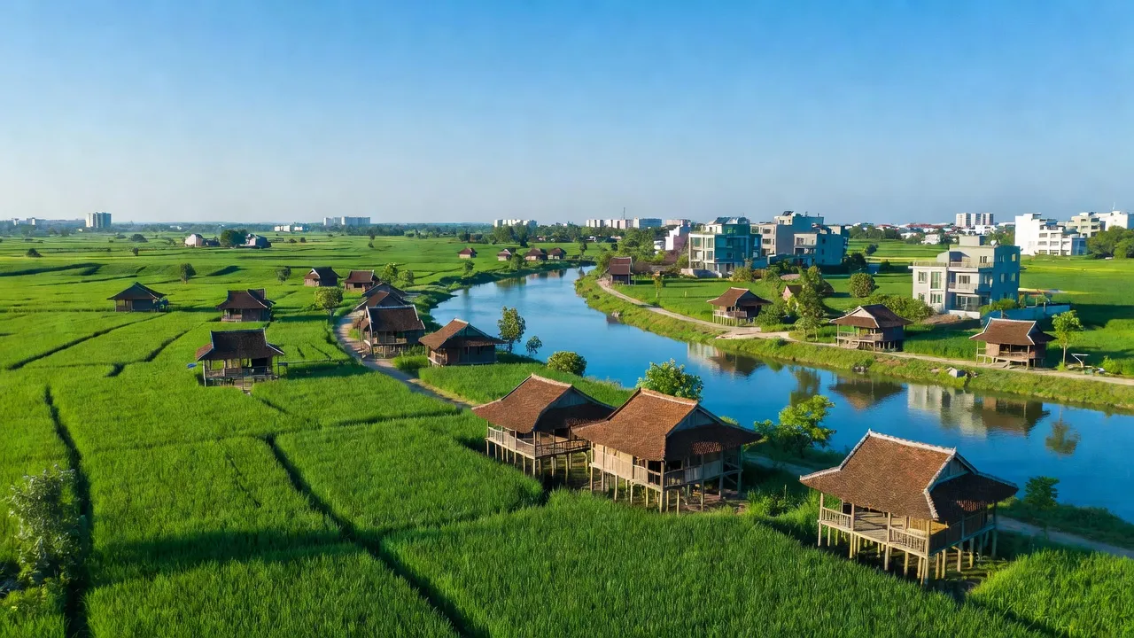 Khung cảnh yên bình xã Hùng Lô, Việt Trì, Phú Thọ với cánh đồng xanh và sông Lô.
