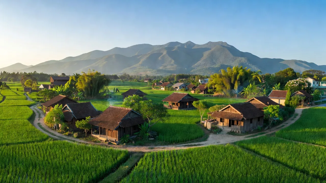 Khung cảnh Xã Hy Cương, Việt Trì, với núi Nghĩa Lĩnh, nhà truyền thống, và cây cối xanh tươi.