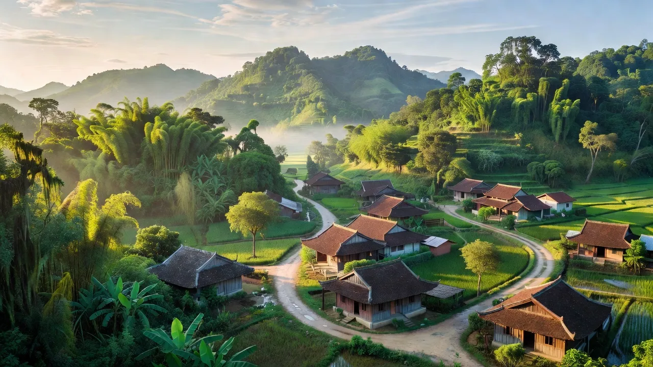 Cảnh đẹp xã Kim Đức, Việt Trì với núi xanh, nhà làng truyền thống và đường nội xã.