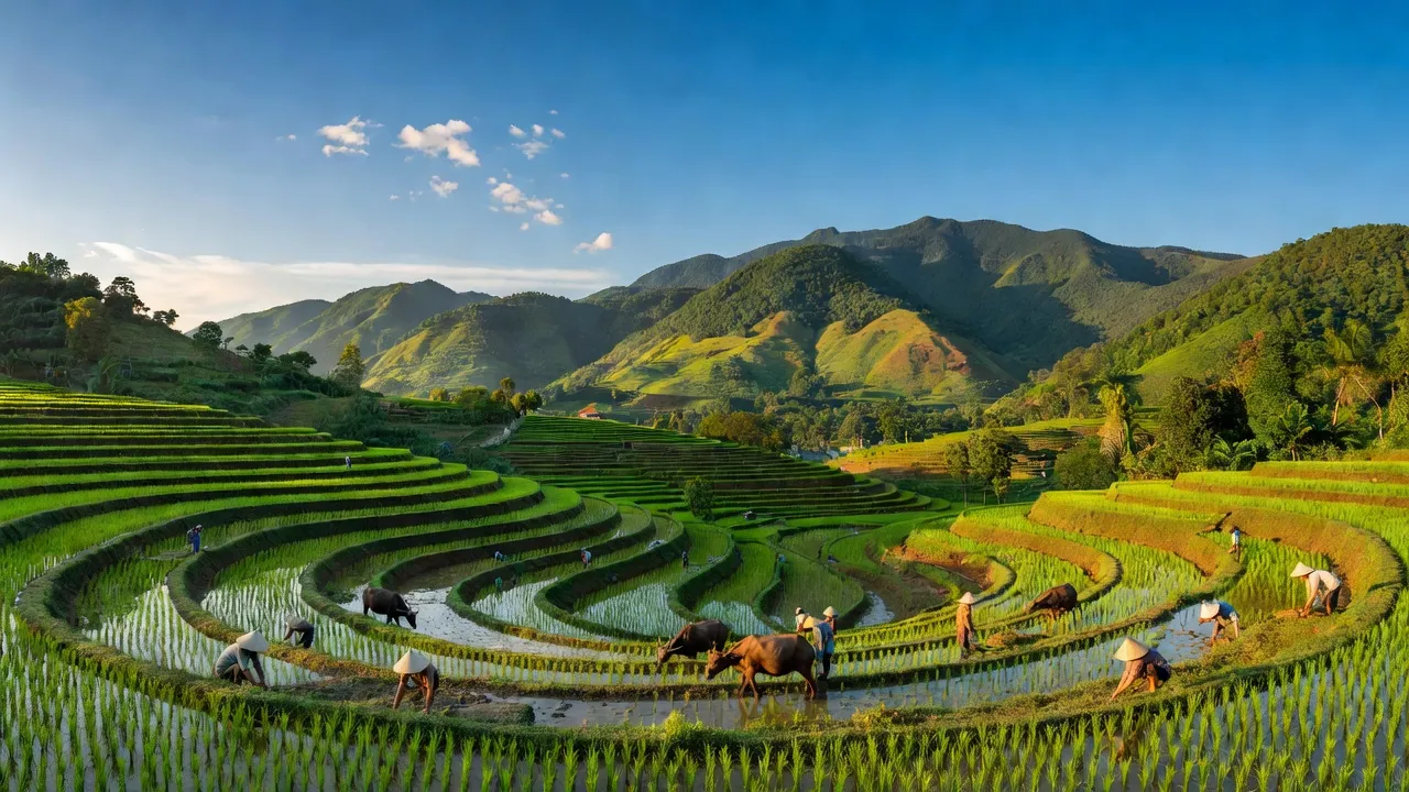 Khung cảnh xã Kim Đức, Việt Trì, với ruộng bậc thang và núi non trập trùng, thể hiện vẻ đẹp nông thôn.