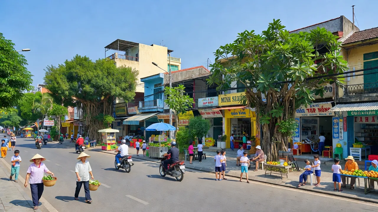 Phường Minh Nông, thành phố Việt Trì, với cảnh quan đô thị nhộn nhịp, cửa hàng và không gian xanh.