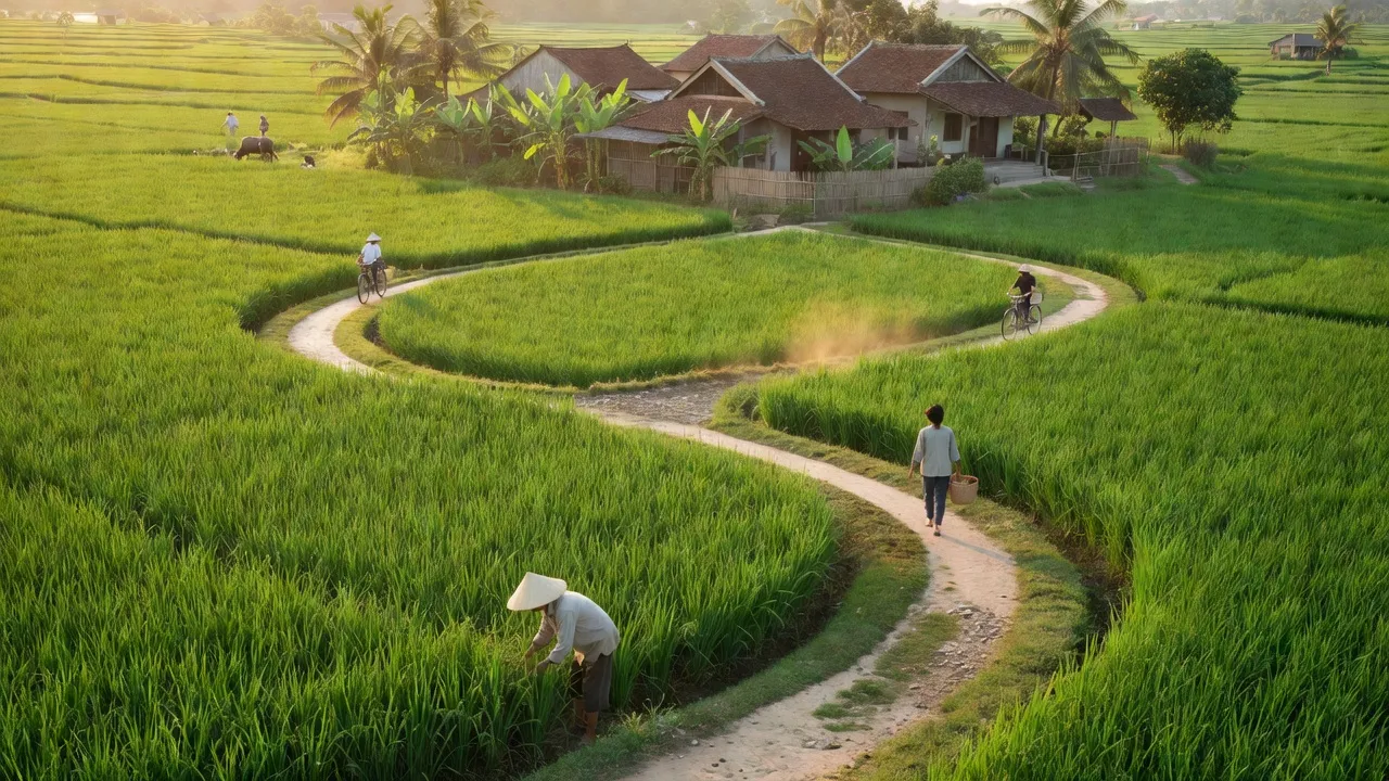 Phong cảnh ngoại ô xã Phượng Lâu, Việt Trì, Phú Thọ với đồng ruộng xanh và cuộc sống bình yên.