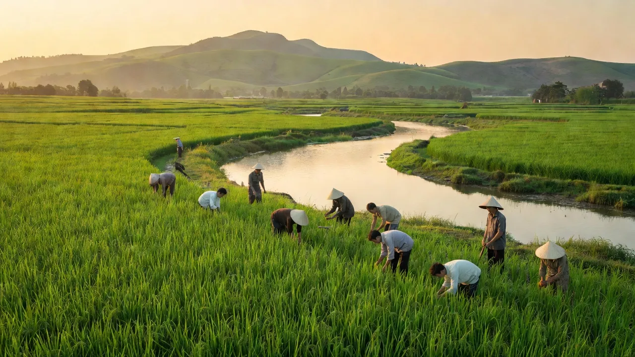 Cảnh đồng xanh và dòng sông yên bình tại xã Sông Lô, thành phố Việt Trì, tỉnh Phú Thọ.