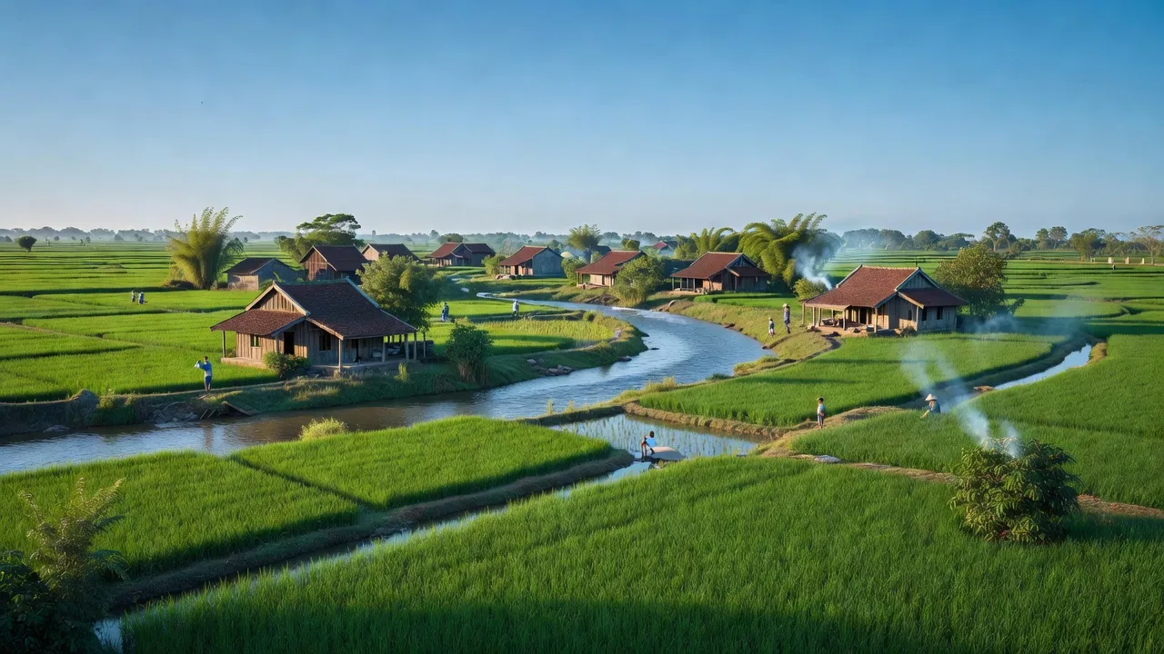 Khung cảnh xã Sông Lô, Việt Trì, Phú Thọ với cánh đồng xanh và dòng sông chảy êm ả.