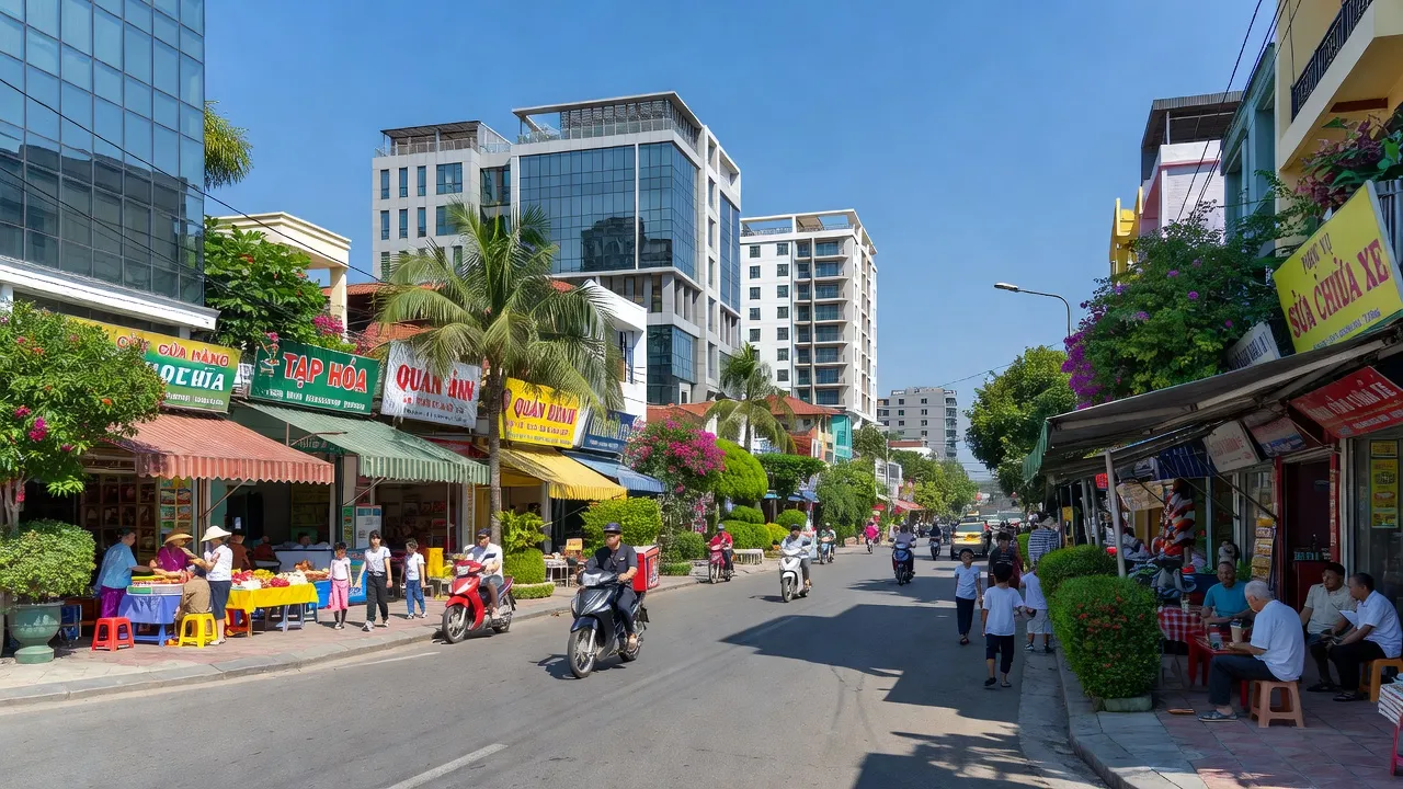 Khung cảnh sôi động tại Phường Thọ Sơn, thành phố Việt Trì với hoạt động đô thị sôi nổi.