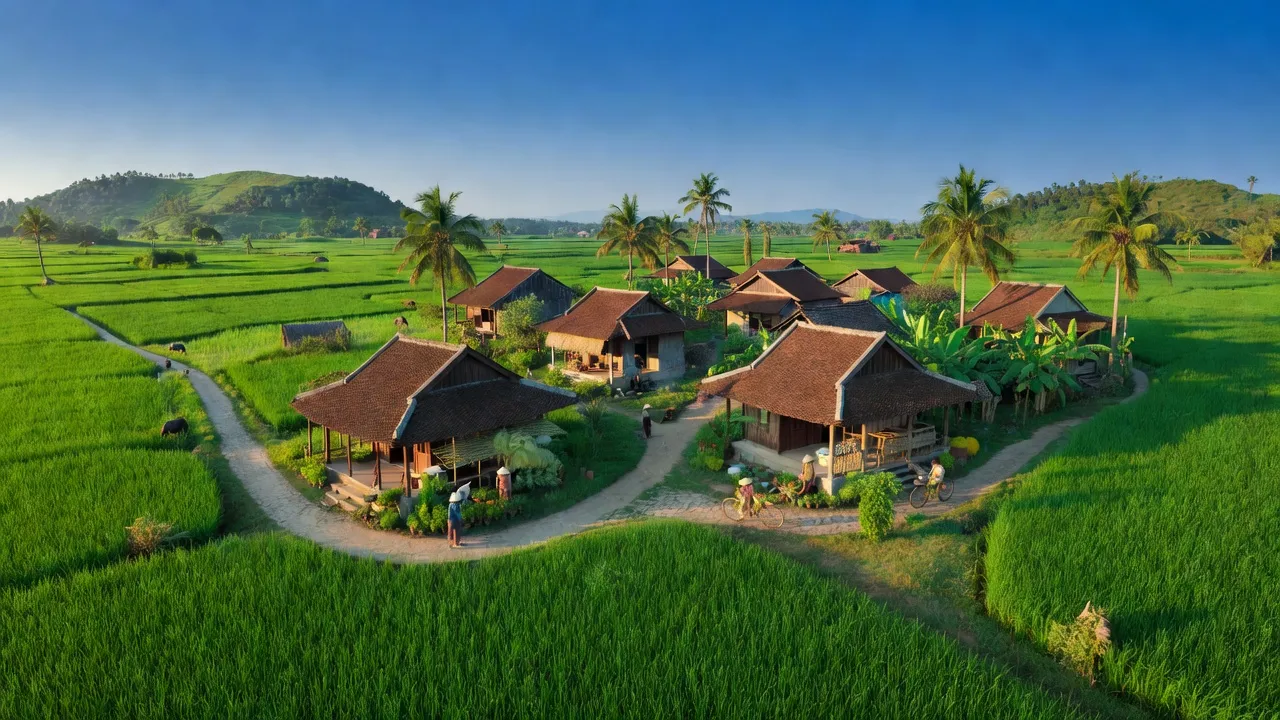 Cảnh đẹp Xã Thụy Vân, Việt Trì, Phú Thọ với ruộng xanh và nhà truyền thống Việt Nam.