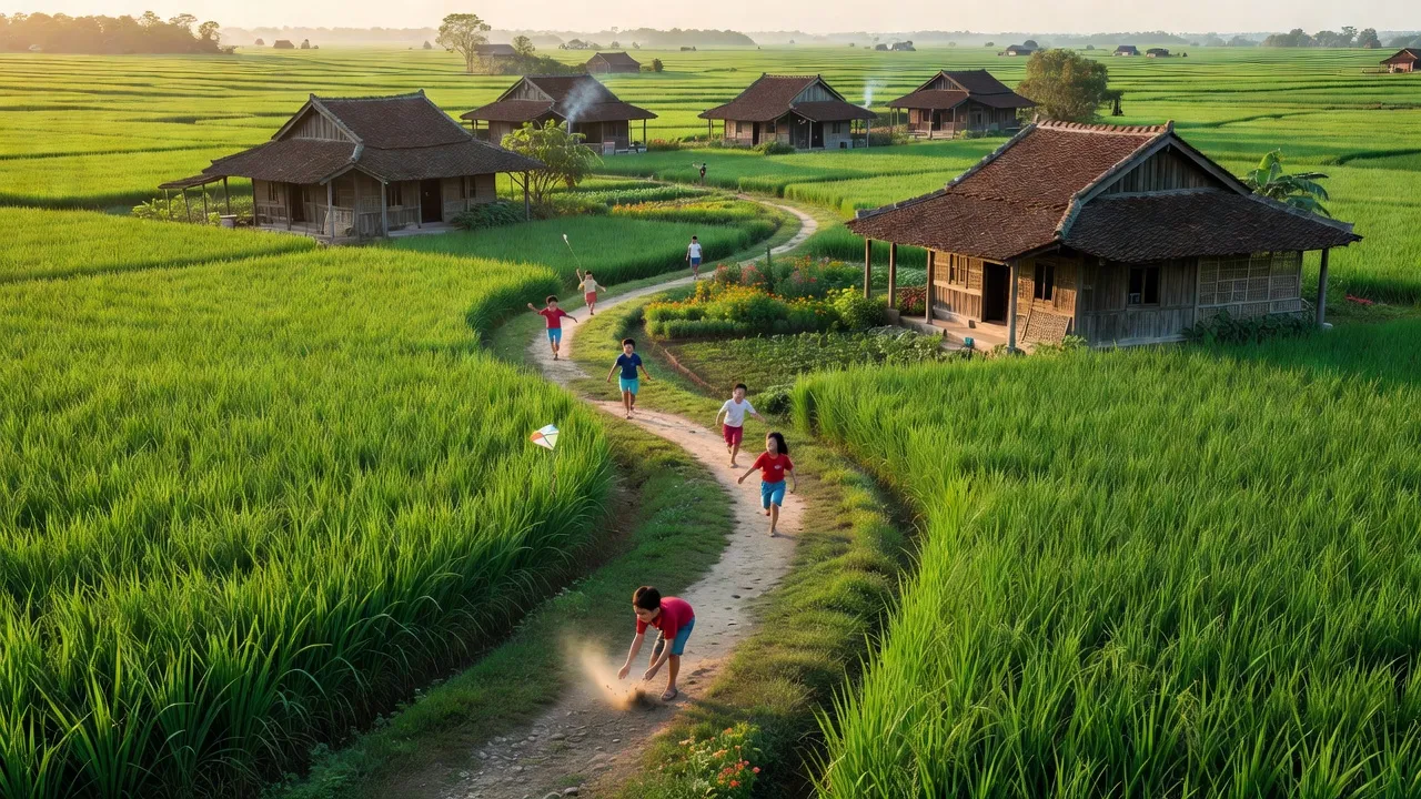 Khung cảnh nông thôn xã Thụy Vân, Việt Trì, với cánh đồng xanh và nhà cửa truyền thống.