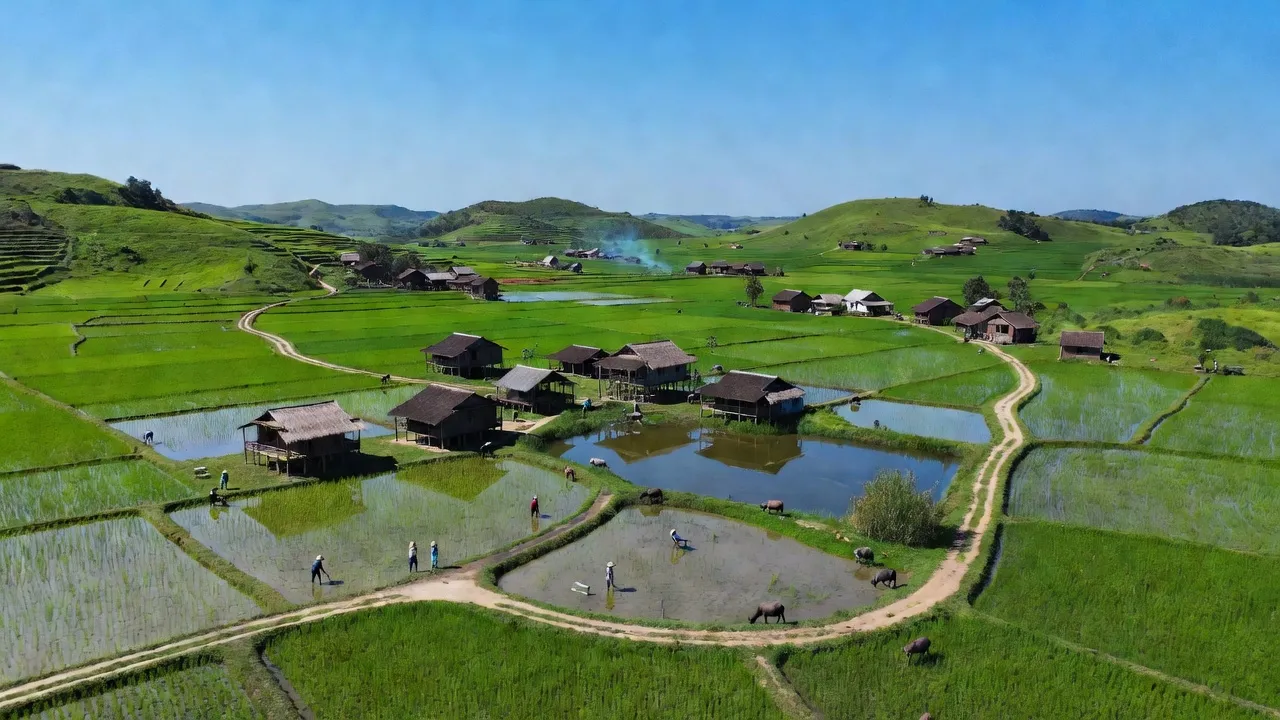 Cảnh quan xã Đồng Lạc, Yên Lập, Phú Thọ với đồi đất, ruộng bậc thang và ao nhỏ.