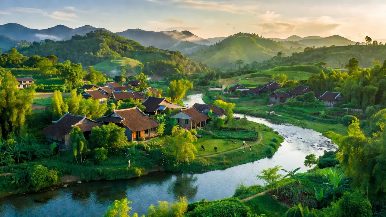 Cảnh đẹp Xã Đồng Thịnh, Huyện Yên Lập, Tỉnh Phú Thọ, với núi non xanh tươi và nhà truyền thống.