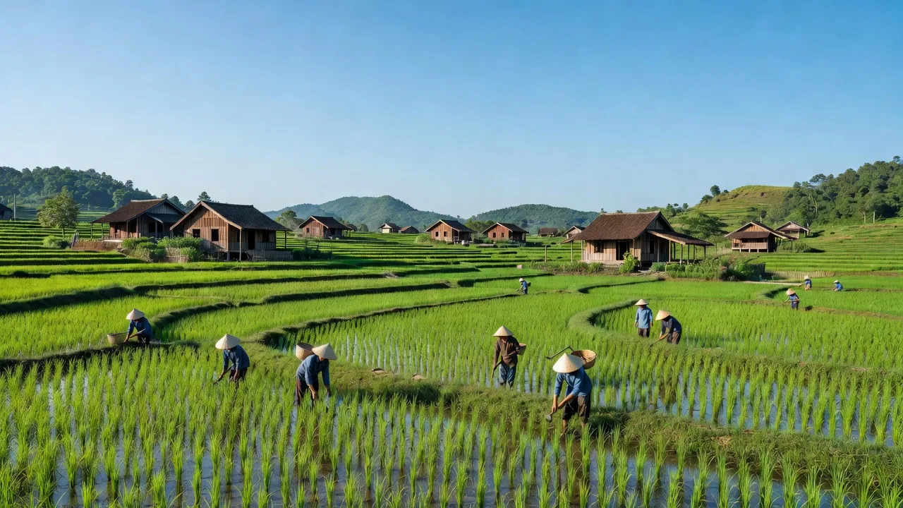 Cảnh đẹp xã Hưng Long, huyện Yên Lập, tỉnh Phú Thọ với cánh đồng xanh và nhà truyền thống.