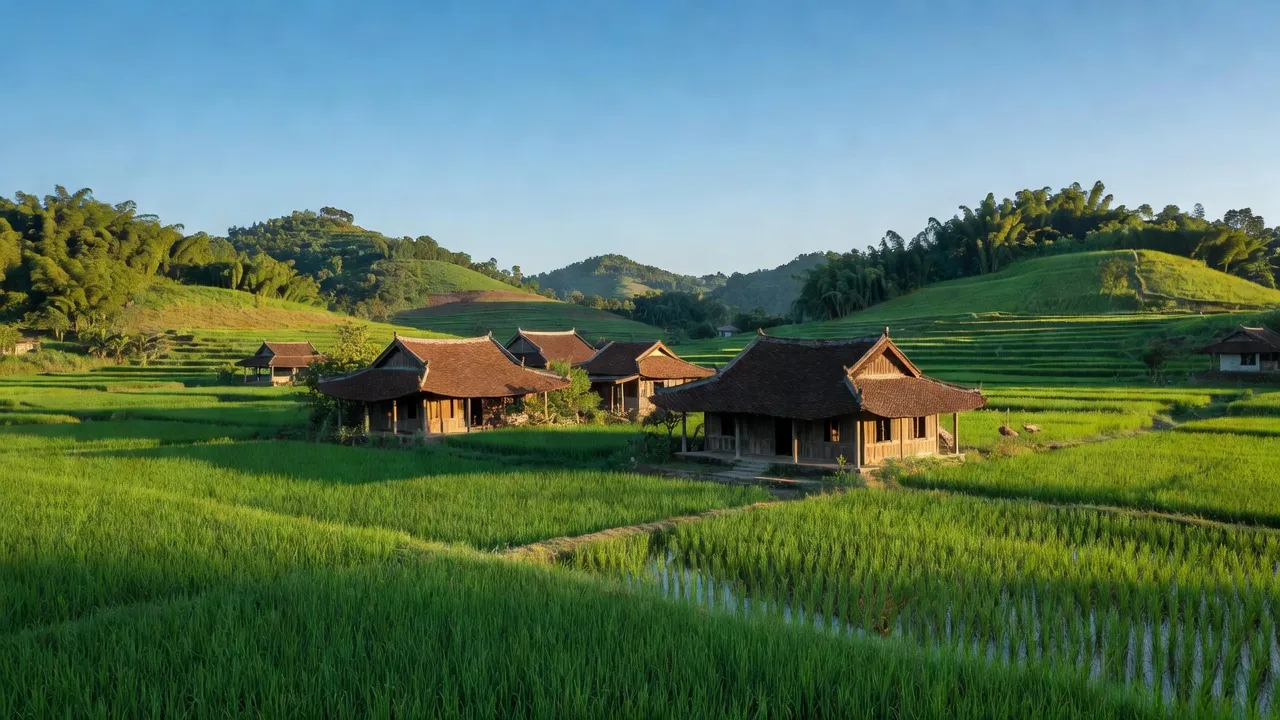 Cảnh làng Hưng Long, tỉnh Phú Thọ với nhà truyền thống và cánh đồng xanh tươi.