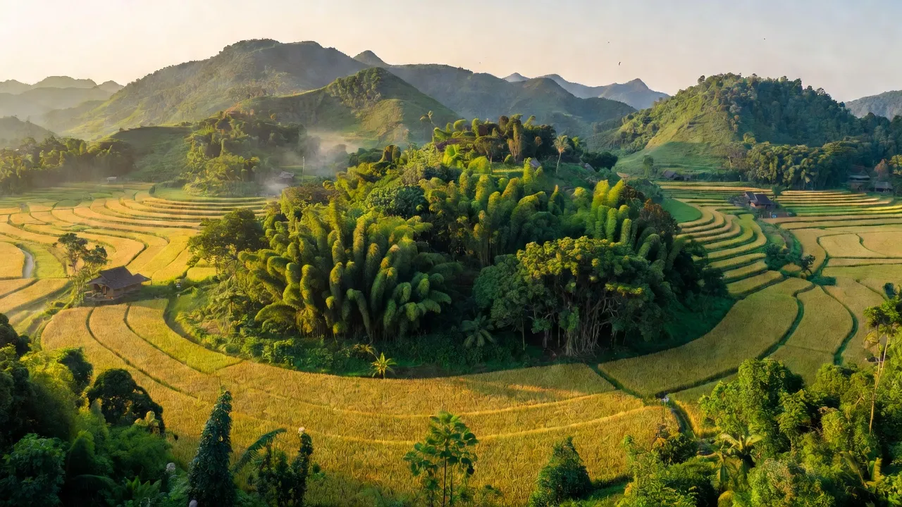 Xã Minh Hòa, Yên Lập, Phú Thọ với cảnh quan xanh tươi, núi đồi và ruộng lúa bát ngát.