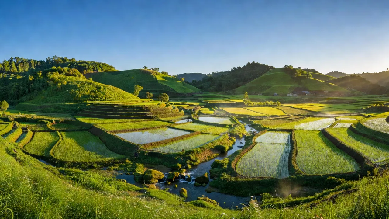 Khung cảnh nông nghiệp và núi non tại xã Mỹ Lung, huyện Yên Lập, Phú Thọ, thể hiện vẻ đẹp tự nhiên.