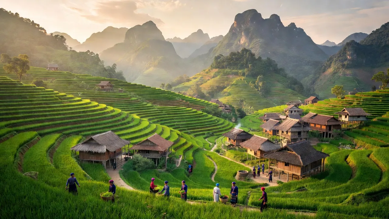 Cảnh vật thiên nhiên xã Mỹ Lương, huyện Yên Lập, tỉnh Phú Thọ với ruộng bậc thang và làng bản Mường.