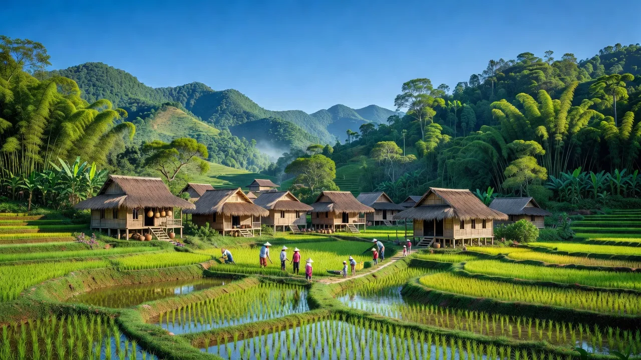 Phong cảnh làng Mỹ Lương, huyện Yên Lập, tỉnh Phú Thọ, với nhà Mường và cánh đồng lúa xanh.