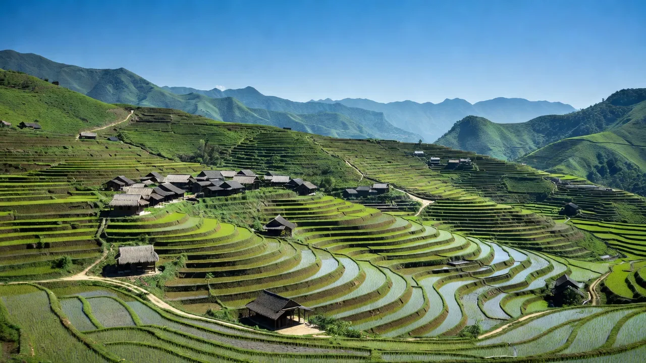 Khung cảnh xã Nga Hoàng, huyện Yên Lập, tỉnh Phú Thọ với đồi núi và ruộng bậc thang.