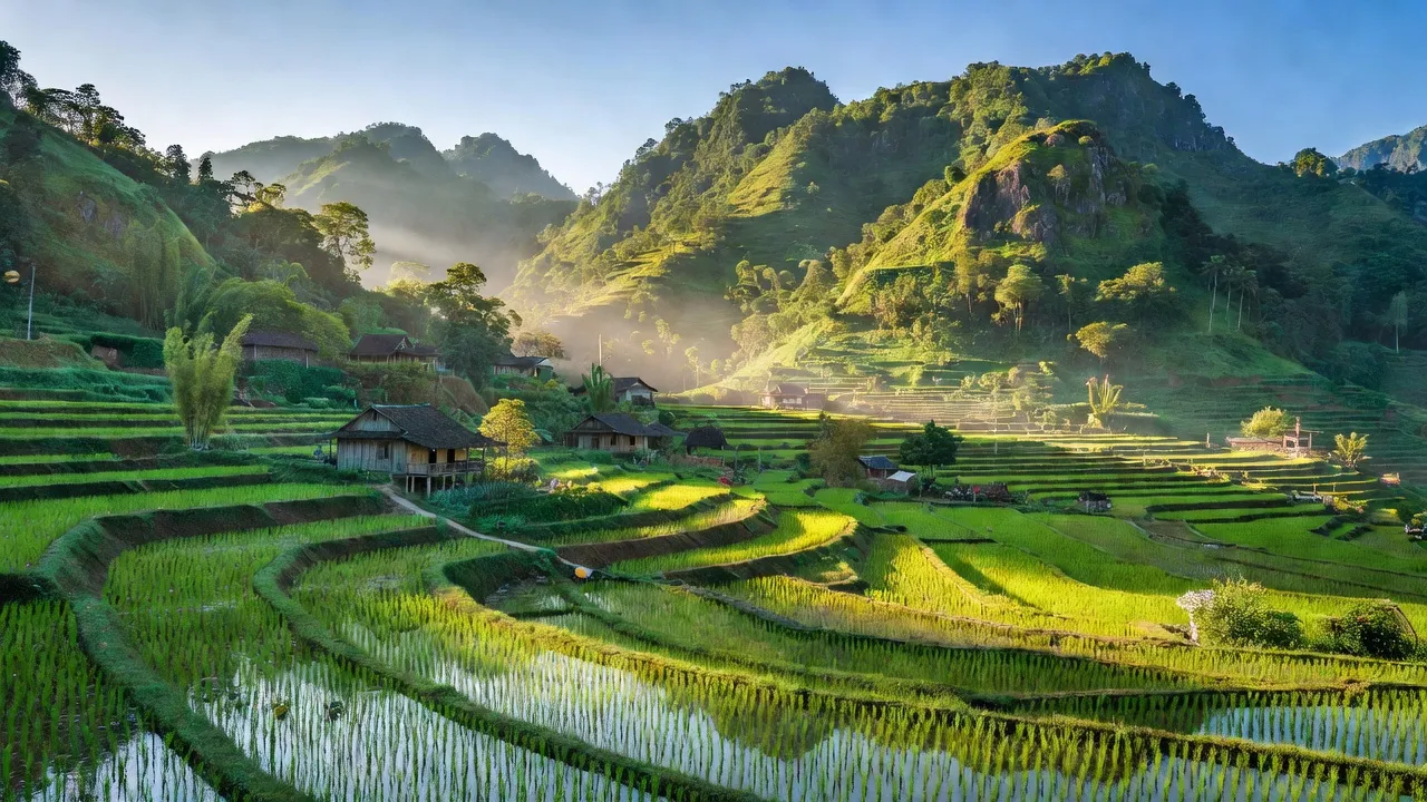 Phong cảnh xã Nga Hoàng, huyện Yên Lập, tỉnh Phú Thọ với núi non và cánh đồng lúa xanh.