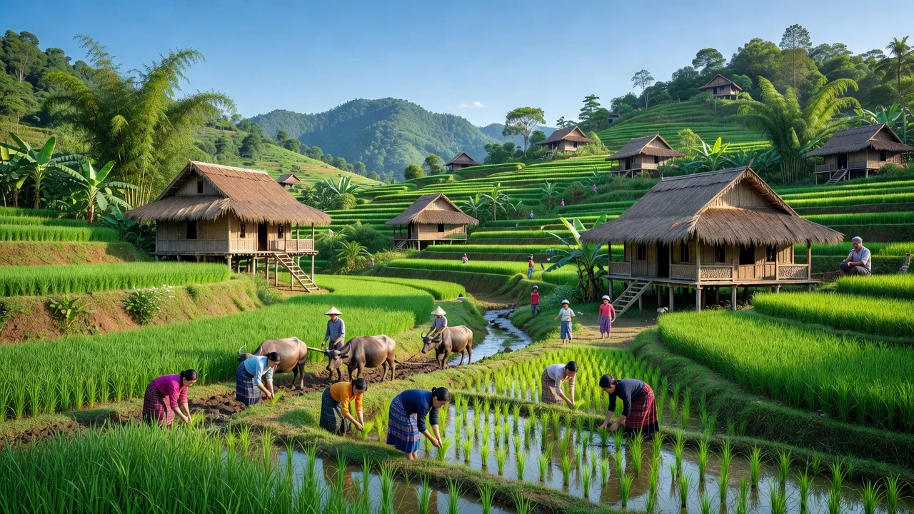 Cảnh quan xã Ngọc Lập, huyện Yên Lập, Phú Thọ với núi non, nhà Mường và ruộng bậc thang.
