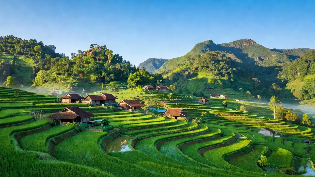 Khung cảnh xã Thượng Long, huyện Yên Lập với núi non xanh tươi và ruộng bậc thang.