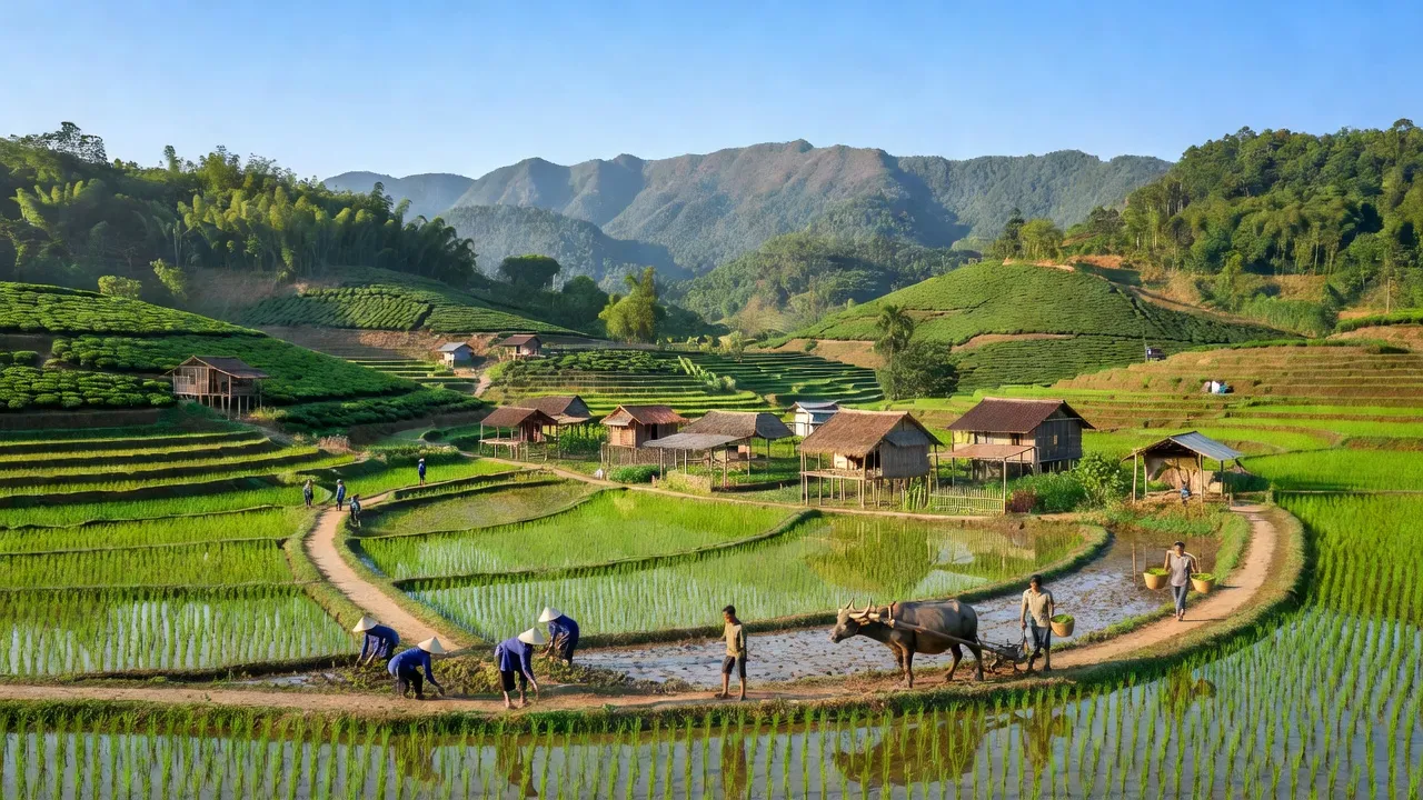 Khung cảnh đẹp mắt của xã Xuân An, Yên Lập, Phú Thọ với cánh đồng lúa và nương chè.