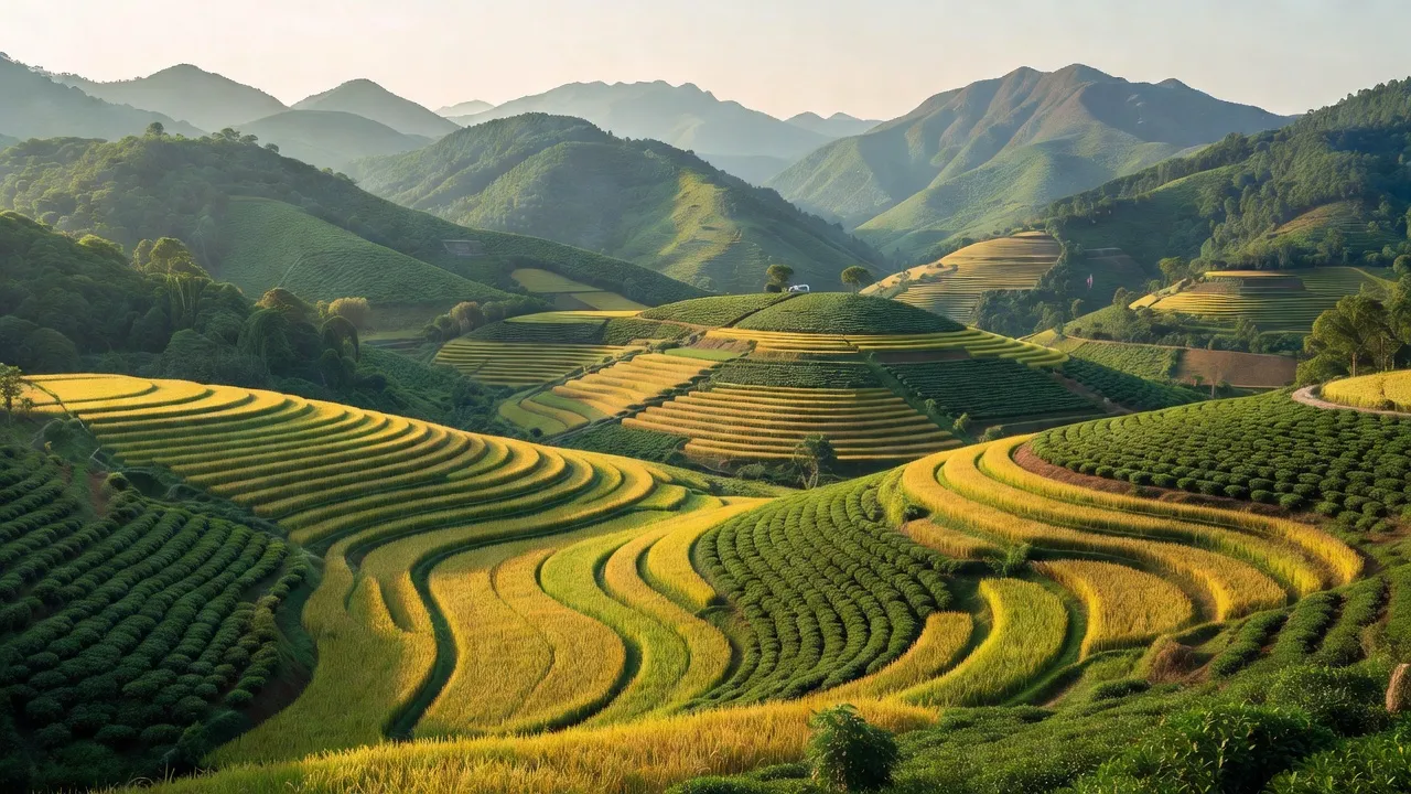 Khung cảnh xã Xuân An, Yên Lập, Phú Thọ với đồi núi, ruộng lúa và nương chè nổi bật.