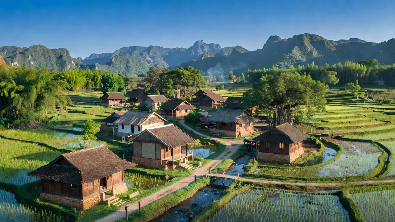 Phong cảnh đẹp tại xã Xuân Thủy, huyện Yên Lập, tỉnh Phú Thọ với núi xanh và nhà truyền thống.