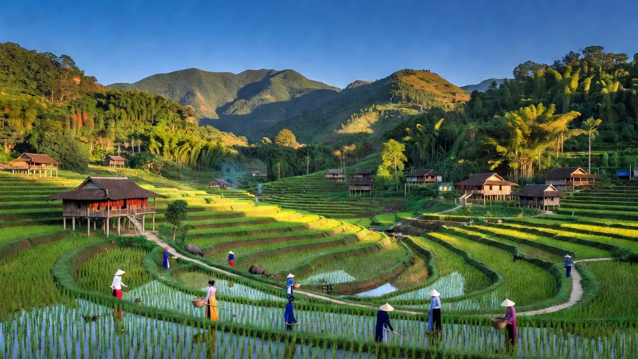 Xuân Thủy, huyện Yên Lập, tỉnh Phú Thọ với núi xanh và ruộng bậc thang dưới bầu trời trong sáng.