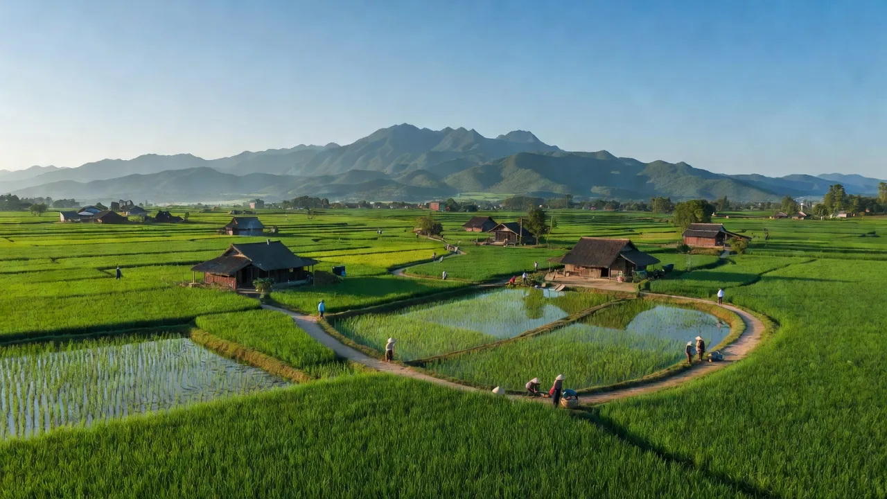 Cảnh sắc hữu tình tại xã Xuân Viên, huyện Yên Lập, tỉnh Phú Thọ với cánh đồng xanh mướt.