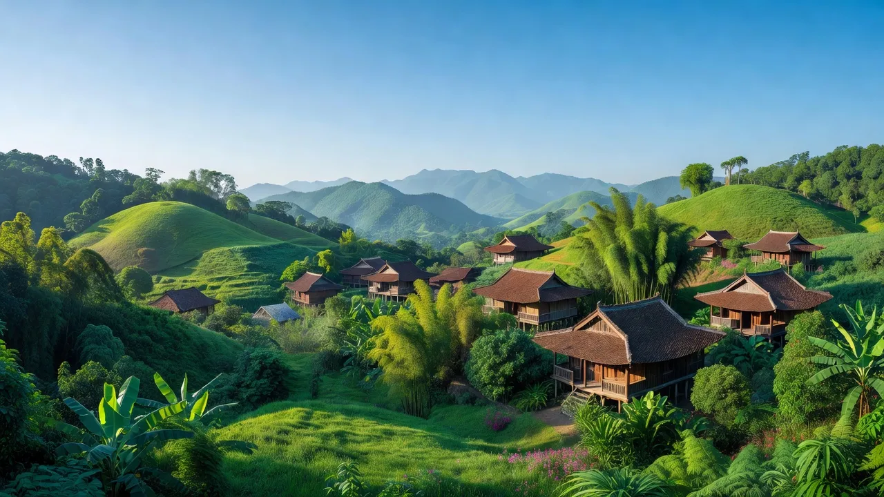 Khung cảnh tỉnh Phú Thọ với đồi núi xanh, nhà truyền thống và bầu trời trong xanh, khí hậu đa dạng.