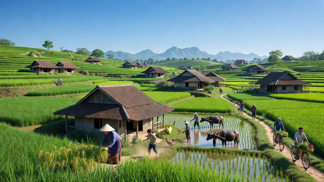 Khung cảnh tỉnh Phú Thọ với đồi núi xanh, nhà truyền thống và bầu trời xanh sáng.