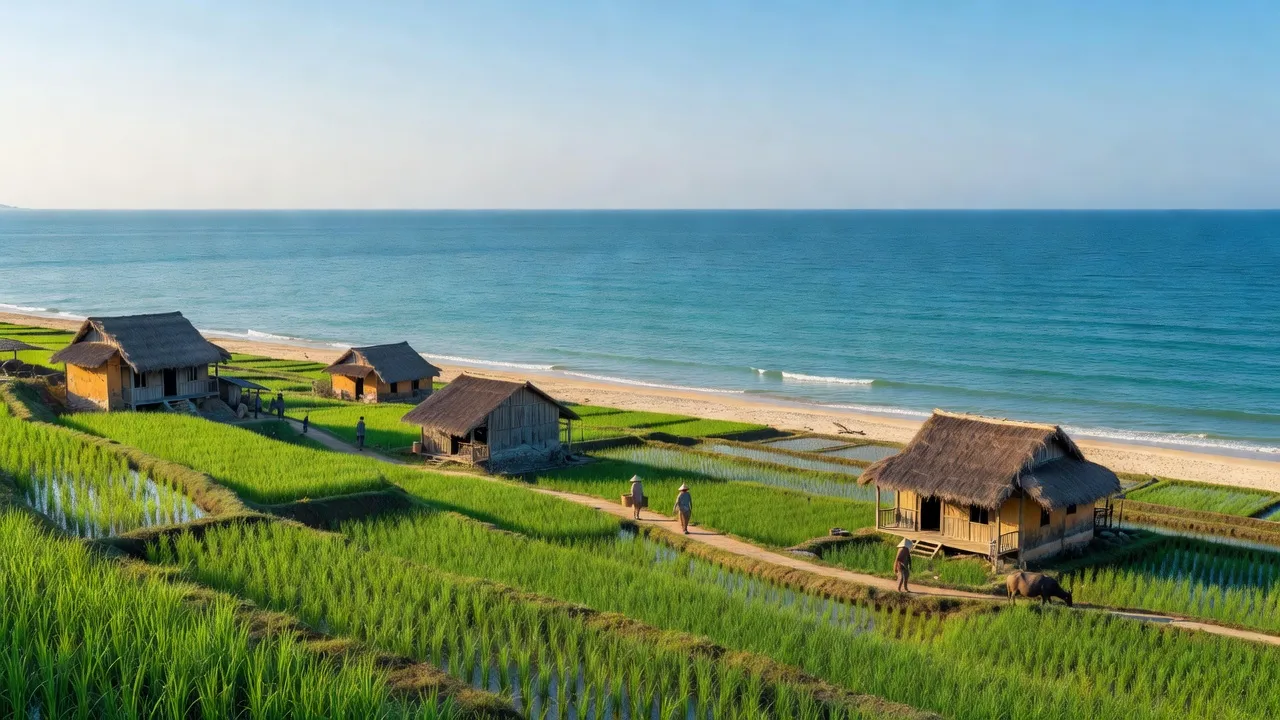 Cảnh quan yên bình xã Hòa Tân Đông, Thị xã Đông Hòa, tỉnh Phú Yên với biển và đồng ruộng.
