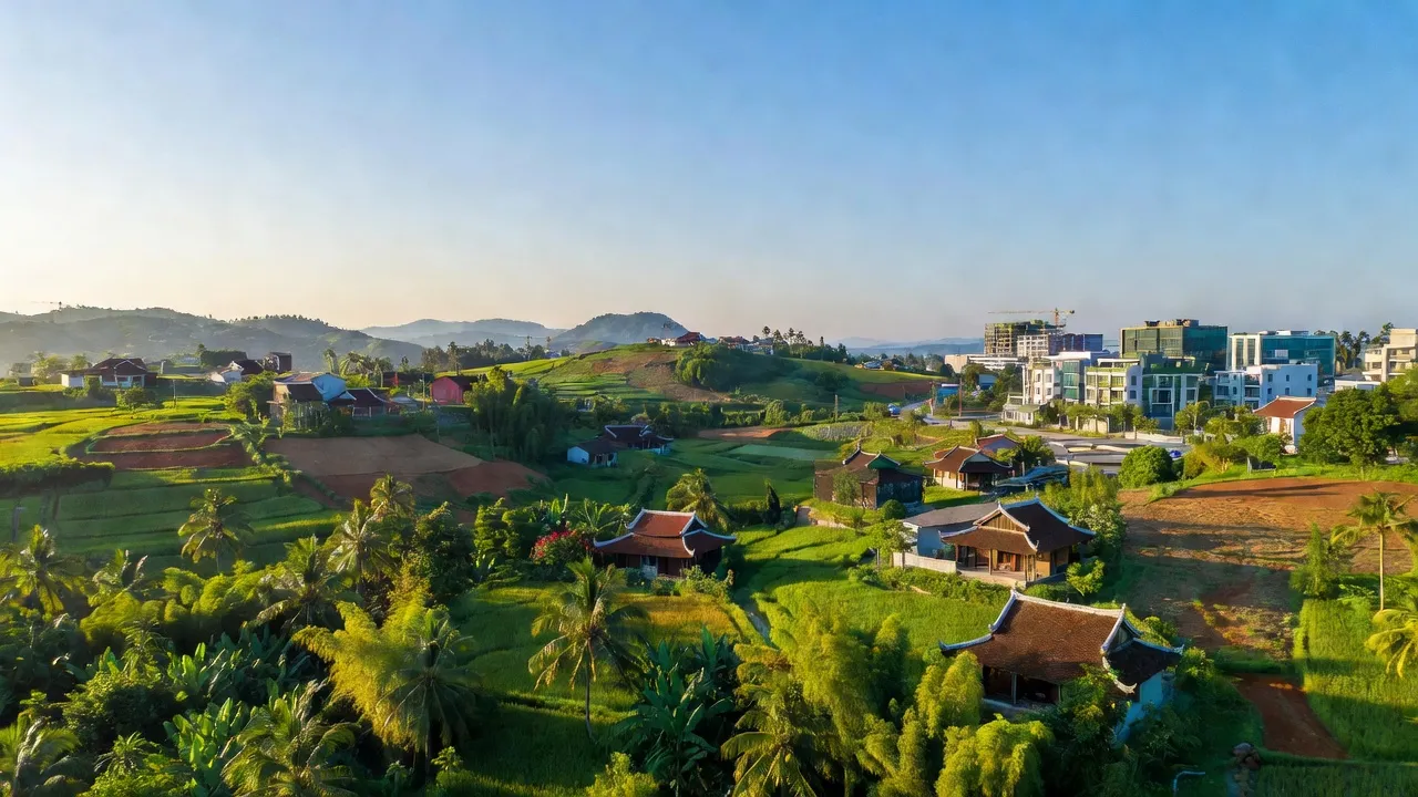 Khung cảnh Phường Hòa Xuân Tây, Đông Hòa, Phú Yên với nhà truyền thống và sự phát triển đô thị.